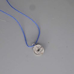 Boho blue Corded Necklace Chinese coin necklace length 42cm pendant 14mm