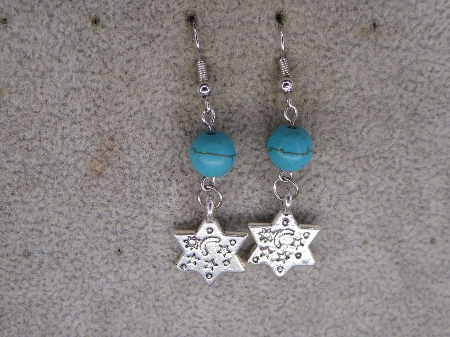 Celestial Dangle with Turquoise Colored Bead earrings length 37mm width 12mm Celestial Dangle with Turquoise Colored Bead earrings length 37mm width 12mm
