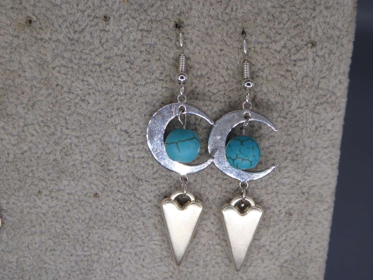 Celestial Dangle with Turquoise Colored Bead earrings length 42mm width 18mm Celestial Dangle with Turquoise Colored Bead earrings length 42mm width 18mm