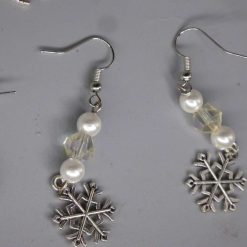 silver snowflake with white beads earrings length 48mm width 15mm