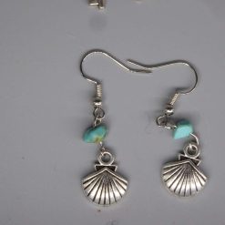 silver clam shell dangle earrings with turquoise beads length 40 mm width 10 mm