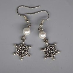 silver snowflake dangle earrings with white beads length 44 mm width 16 mm