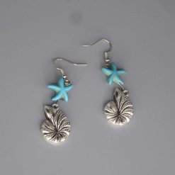 blue starfish dangle earrings with white beads length 52 mm width 16 mm