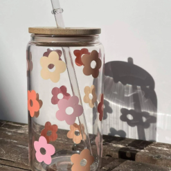 Daisy Flower Glass Can with Bamboo lid and straw 16oz