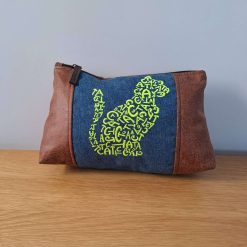 WORD CAT on blue denim Embroidered Large cosmetic bag pouch