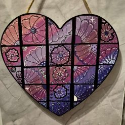 Hand Painted Wooden Plaque - Heart - Purple Flowers