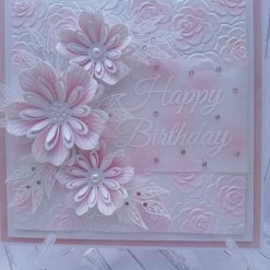 Luxury Handmade Birthday Card – Pink & White Floral Birthday Card - Embossed roses background