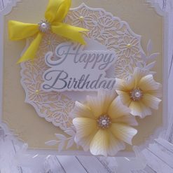 Luxury Handmade Birthday Card – Yellow Floral & Lacey Circle Design