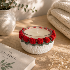 Crochet Candle Holder with Handmade Floral Trim