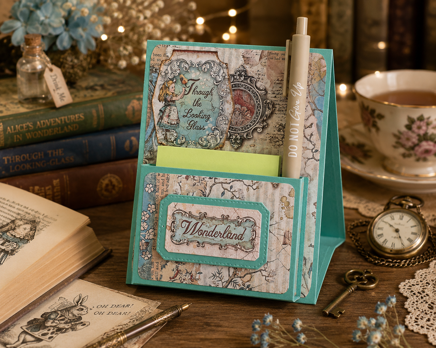Handmade Wonderland Desk Notepad Holder with Positive Quote Pen Handmade Wonderland Desk Notepad Holder with Positive Quote Pen