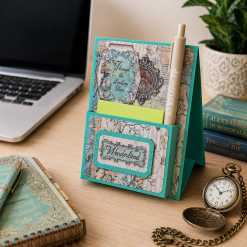 Handmade Wonderland Desk Notepad Holder with Positive Quote Pen