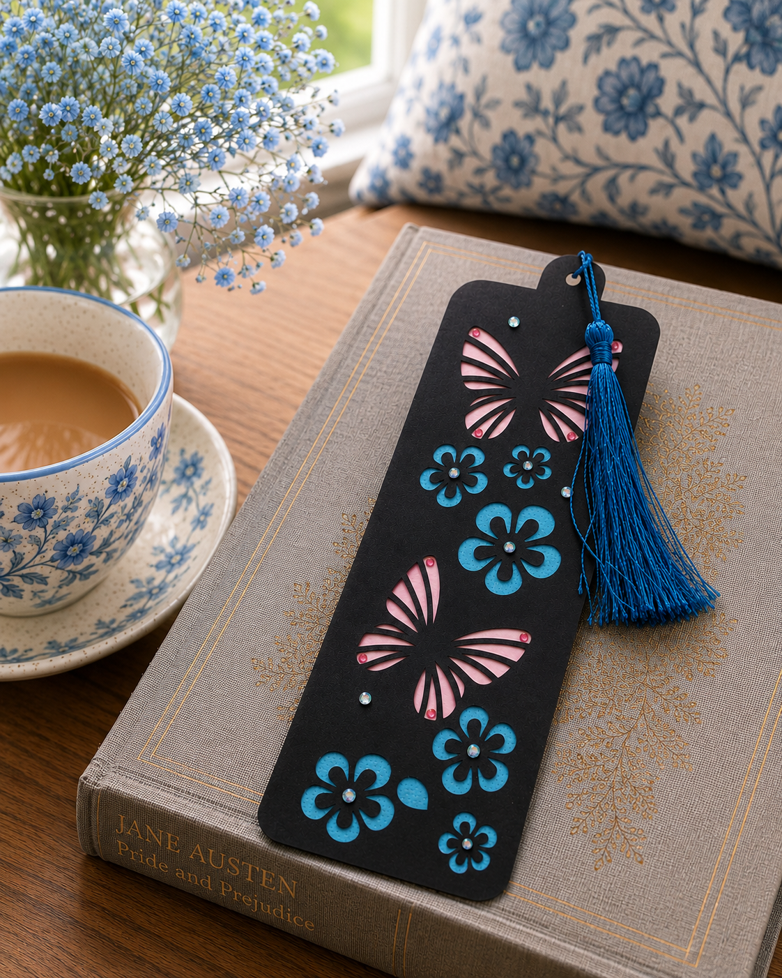 Handmade Butterfly & Floral Bookmark with Blue Tassel Handmade Butterfly & Floral Bookmark with Blue Tassel