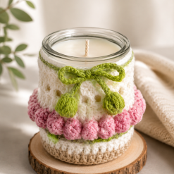 Handmade Crochet Candle Holder with Floral Detail