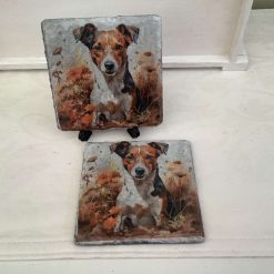 DECOUPAGED SLATE COASTERS WITH A BEAUTIFUL JACK RUSSELL DESIGN
