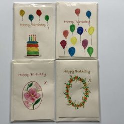 4 x Happy Birthday” hand painted watercolour cards and envelopes