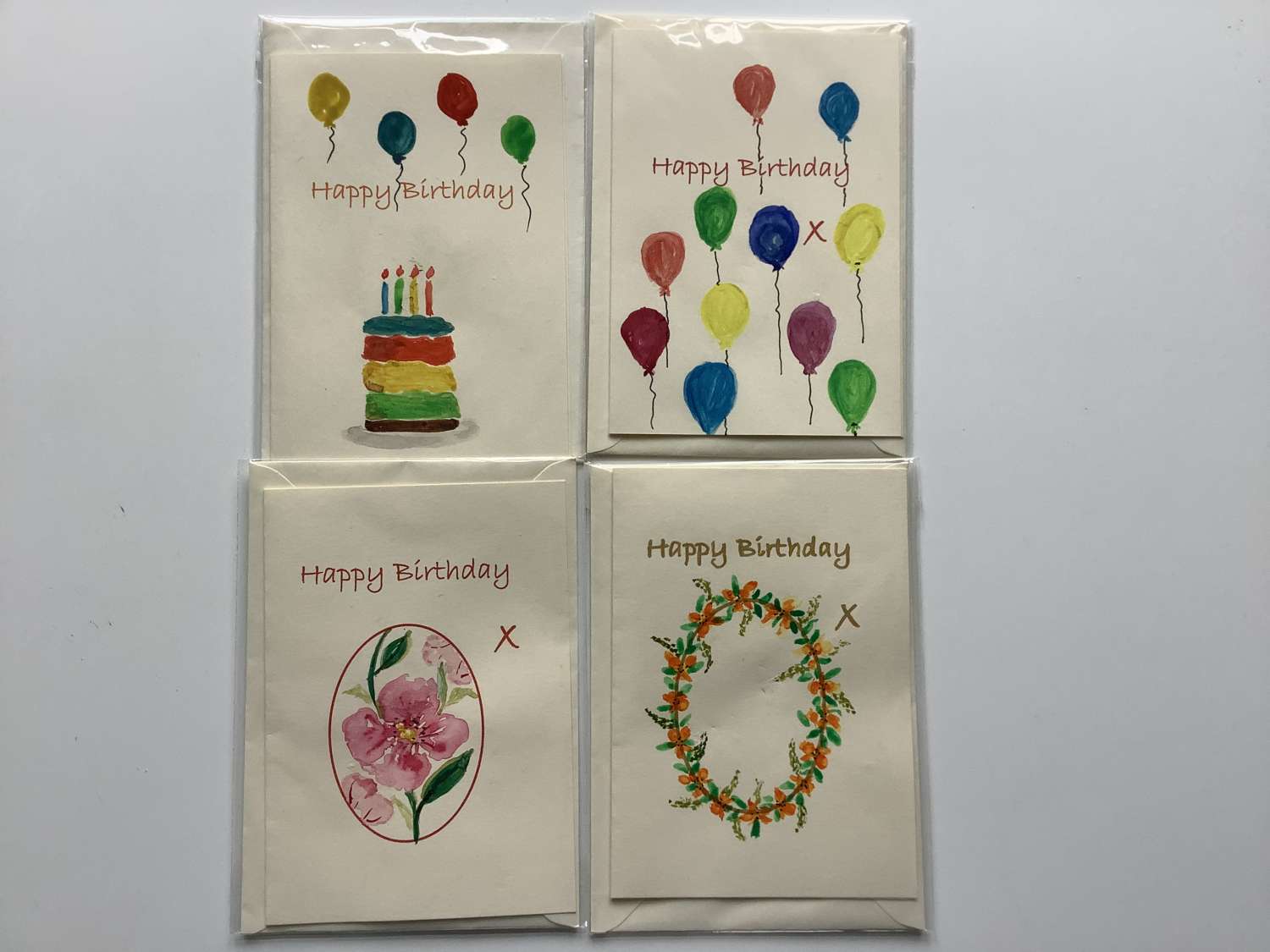 4 x Happy Birthday” hand painted watercolour cards and envelopes 4 x Happy Birthday” hand painted watercolour cards and envelopes