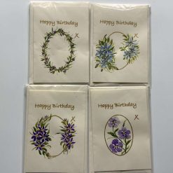 4 x Birthday cards and envelopes. Hand painted with floral design
