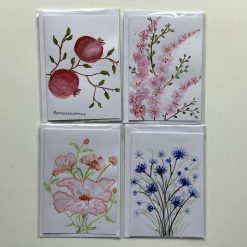 4 x hand painted watercolour flower and fruit cards. Blank for any occasion