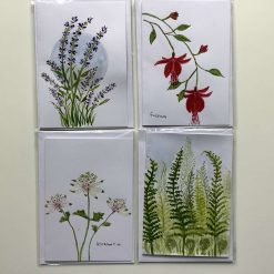 4 hand painted watercolour flower cards. Blank for personalising