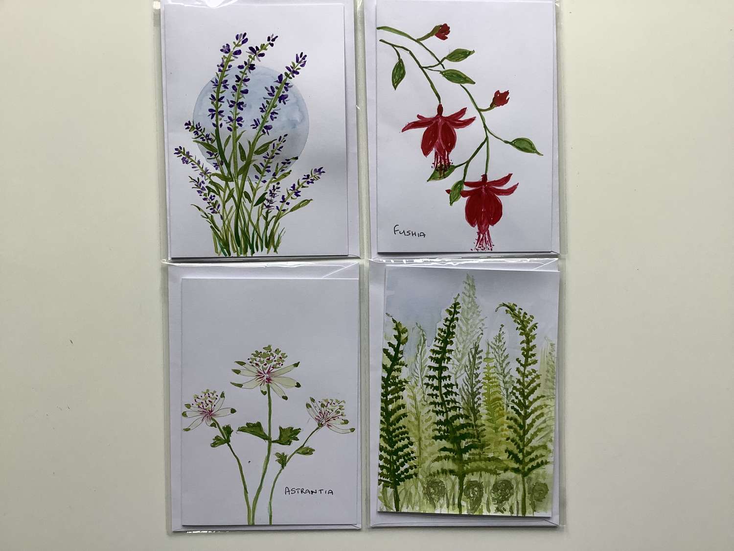 4 hand painted watercolour flower cards. Blank for personalising 4 hand painted watercolour flower cards. Blank for personalising