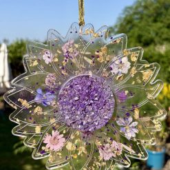 20cm diameter Handmade resin clear gold leaf, purple crushed glass and dried purple flower sunflower suncatcher