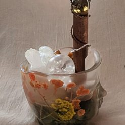 Brain Wave Mini Cloud Buster - Orgonite with Fluorite, Selenite & Smoky Quartz.  Handmade orgonite mini cloud buster in a face cup with dried flowers and crystal spheres."