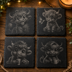 Highland Cow Slate Coasters | Laser Engraved Rustic Farmhouse Drinkware
