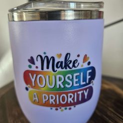 Lilac insulated travel cup self-care slogan