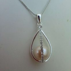 Genuine sterling silver white topaz cage pearl necklace and charm earrings set