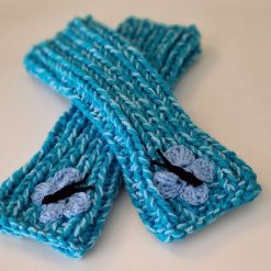 Hand knitted Ladies/Teenager Turquoise Fingerless Gloves One Size  with Blue Butterflies