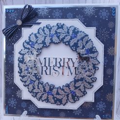 Luxury Handmade Christmas Card - Merry Christmas - Silver & Navy Holly Wreath