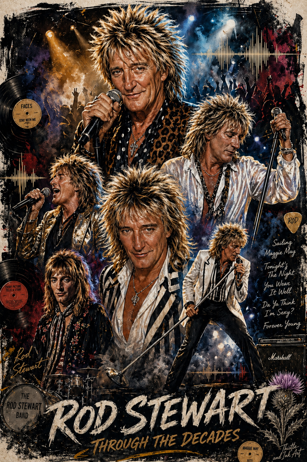 Rod Stewart Through the Decades Print | Rock Legend Wall Art | Music Icon Poster | Vintage Style Rock Print | A4 Digital Download Rod Stewart Through the Decades Print | Rock Legend Wall Art | Music Icon Poster | Vintage Style Rock Print | A4 Digital Download
