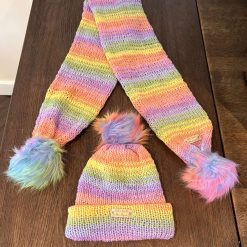 Rainbow Sparkle Scarf with Pom Poms & matching Hat set 🌈✨
