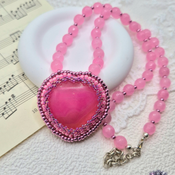 Bead Embroidered Pink Agate And Pink Quartzite Necklace