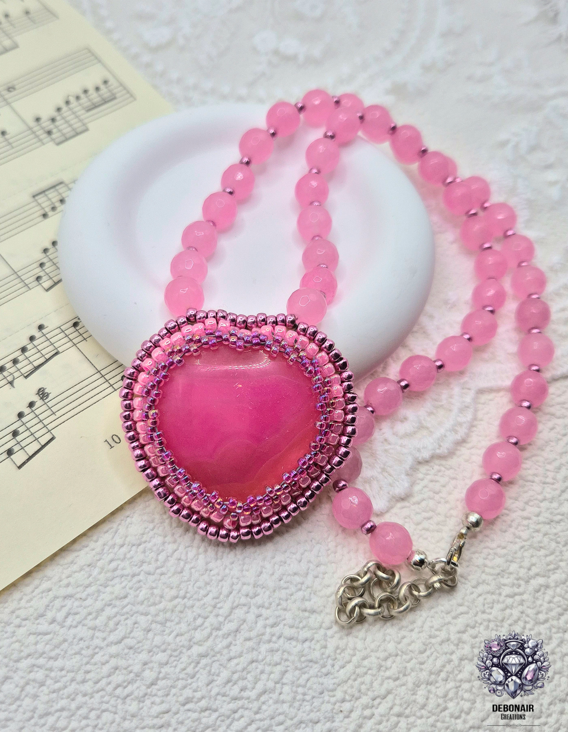 Bead Embroidered Pink Agate And Pink Quartzite Necklace Bead Embroidered Pink Agate And Pink Quartzite Necklace