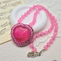 Bead Embroidered Pink Agate And Pink Quartzite Necklace 2 Bead Embroidered Pink Agate And Pink Quartzite Necklace 2