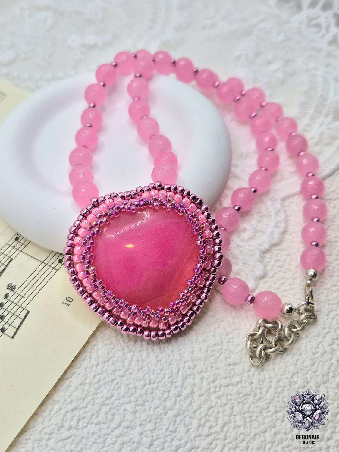 Bead Embroidered Pink Agate And Pink Quartzite Necklace Bead Embroidered Pink Agate And Pink Quartzite Necklace