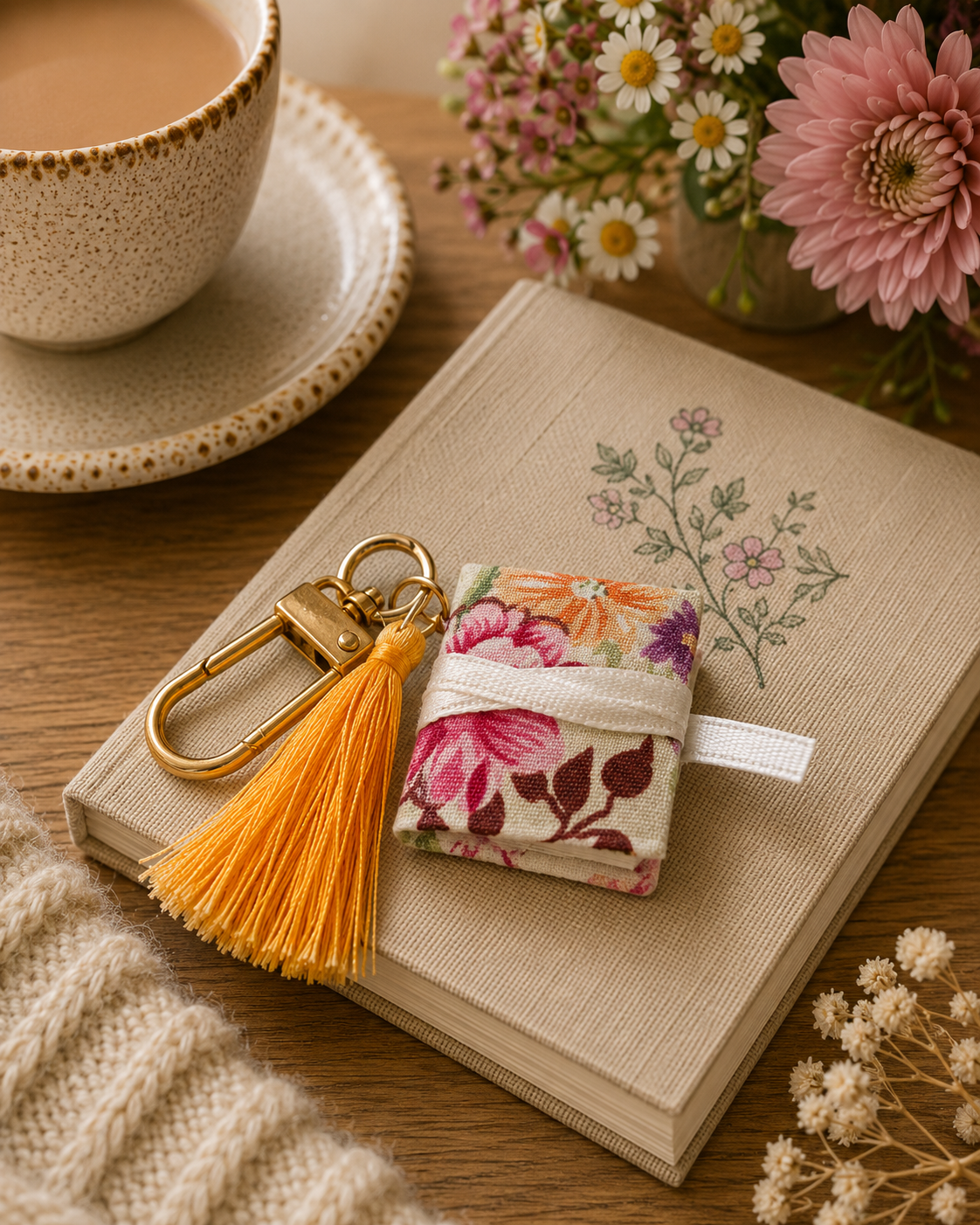 Handmade Mini Book Keyring – Floral Fabric with Mustard Tassel Handmade Mini Book Keyring – Floral Fabric with Mustard Tassel