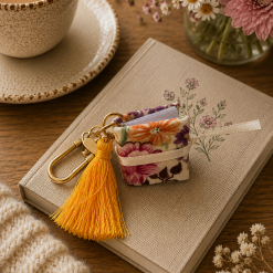 Handmade Mini Book Keyring – Floral Fabric with Mustard Tassel 2 Handmade Mini Book Keyring – Floral Fabric with Mustard Tassel 2
