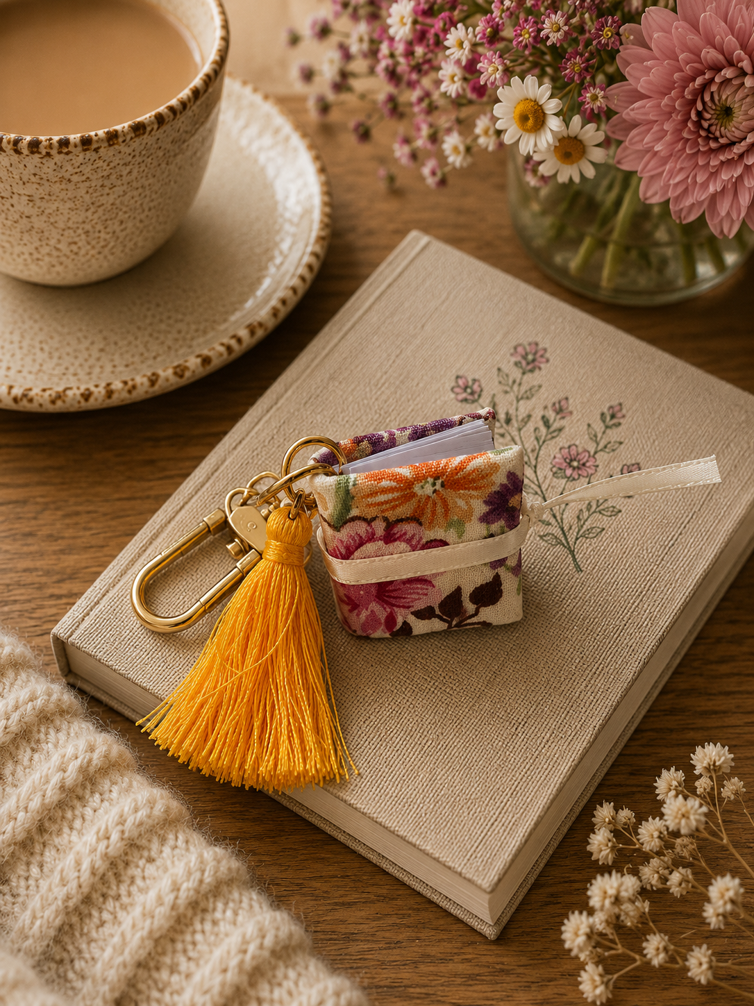 Handmade Mini Book Keyring – Floral Fabric with Mustard Tassel Handmade Mini Book Keyring – Floral Fabric with Mustard Tassel