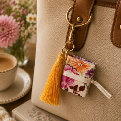 Handmade Mini Book Keyring – Floral Fabric with Mustard Tassel 1 Handmade Mini Book Keyring – Floral Fabric with Mustard Tassel 1