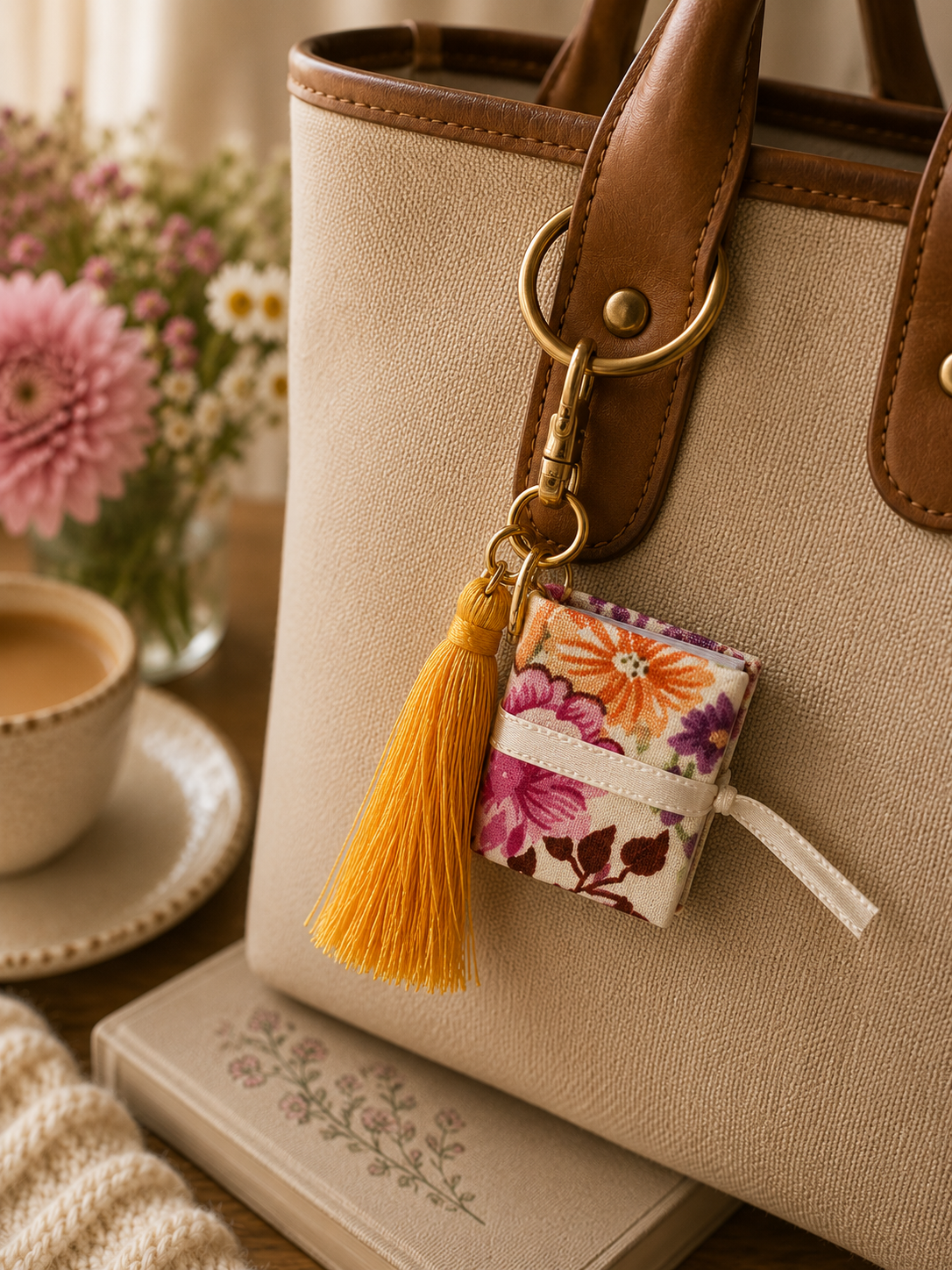 Handmade Mini Book Keyring – Floral Fabric with Mustard Tassel Handmade Mini Book Keyring – Floral Fabric with Mustard Tassel