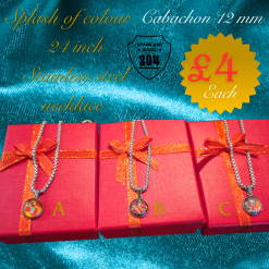 Burst of colour 12mm glass cabachon 24inch stainless steel necklace