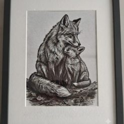 Fox and Cub Hand-drawn Print with Mount