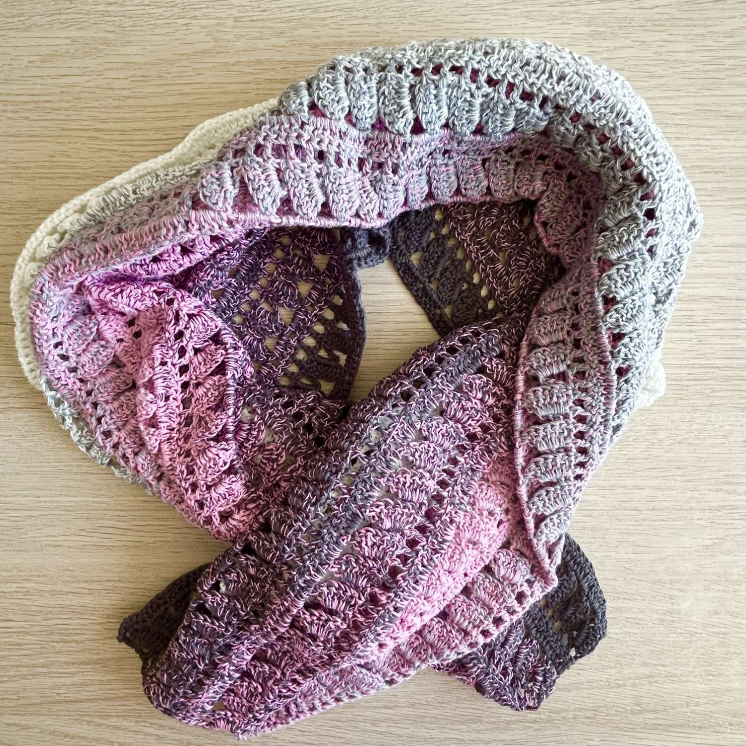 Shawl/Wrap - Crochet - 'Pink/Grey Cascade' - Cotton Shawl/Wrap - Crochet - 'Pink/Grey Cascade' - Cotton
