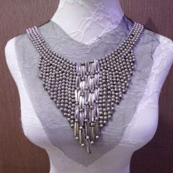 Beautiful Silver Beaded Applique, Round Neck, beaded trim, neckline, vintage trim, vintage, bead trim, neck trim,