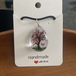 Handmade tree and butterfly hot pink pendant necklace