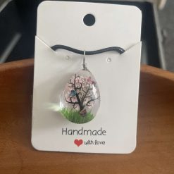 Handmade tree and butterfly baby pink pendant necklace