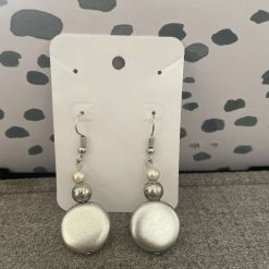Handmade silver and white disk beaded earrings