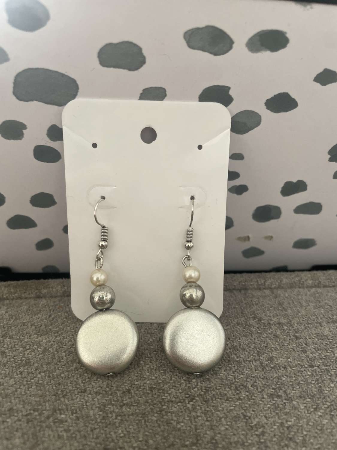 Handmade silver and white disk beaded earrings Handmade silver and white disk beaded earrings